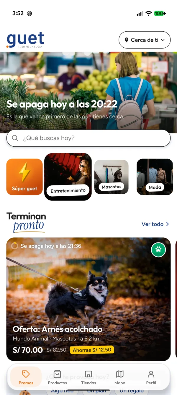 La pantalla de inicio de la app guet